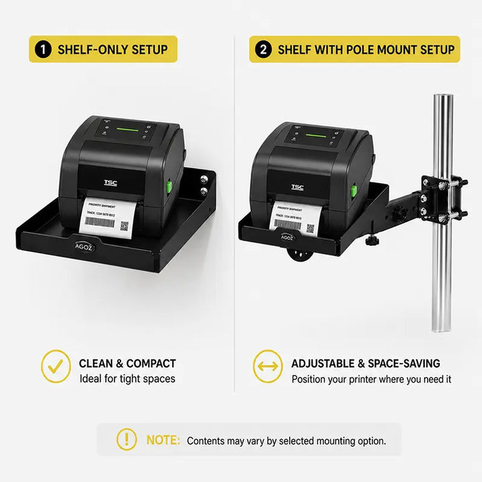 Comparison of the Agoz TSC printer shelf used alone or with an adjustable pole-mount swing arm.