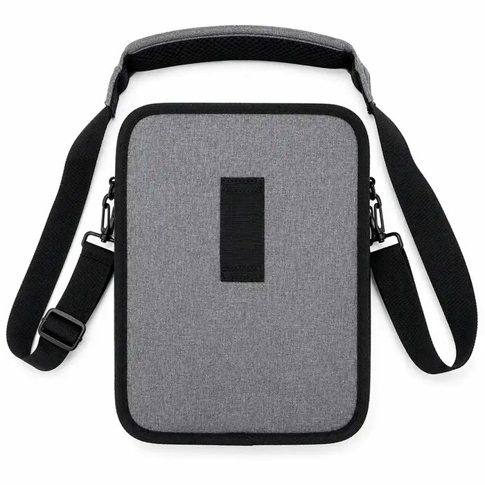 Rear view of gray Agoz PAX payment tablet case showing padded shoulder strap, adjustable sling, and rear belt attachment loop.