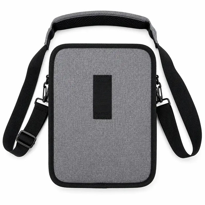 Rear view of gray Agoz Orderman Pulse HT10 tablet carrying case showing the back attachment loop, adjustable shoulder sling, and padded shoulder support.