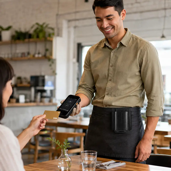 Restaurant server using a Toast Go 3 payment terminal while wearing an AgozTech leather case on a waist apron.