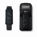 Back view of a Toast Go 2 payment device shown beside a black leather replacement hand strap with stitched padding and mounting holes.