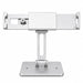 Front view of the silver Agoz low-profile countertop stand with adjustable locking tablet holder.