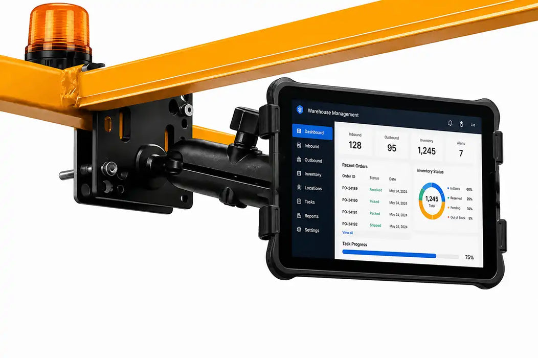 Unitech RT112 forklift tablet mount displaying a warehouse management dashboard on an adjustable arm