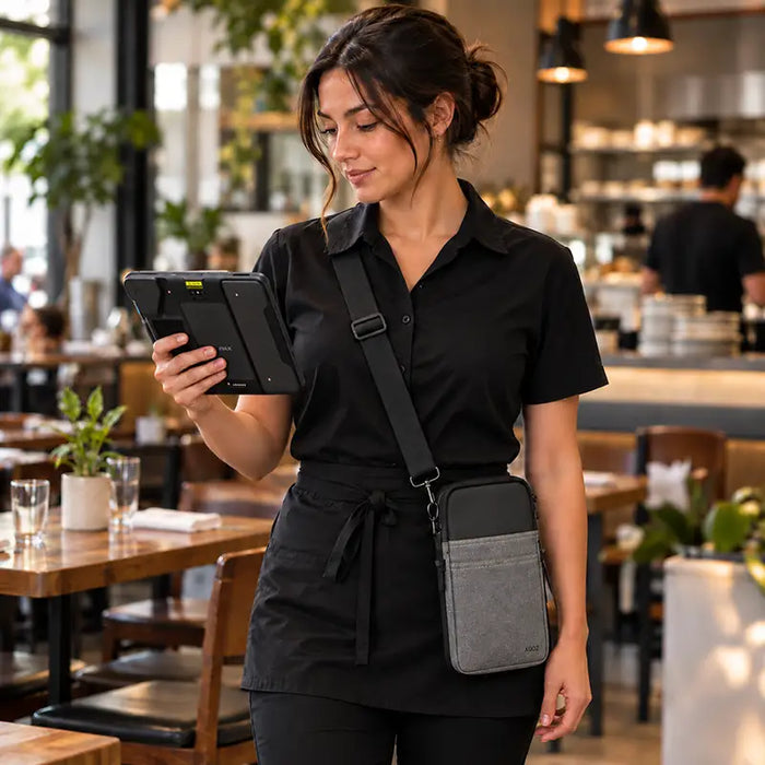 Café employee using a PAX POS tablet while wearing a gray Agoz tablet carrying case with adjustable crossbody shoulder sling.