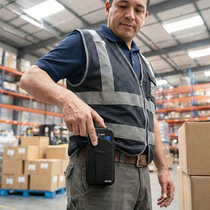 Warehouse worker using AgozTech holster case with Zebra Tc73 mobile computer on belt