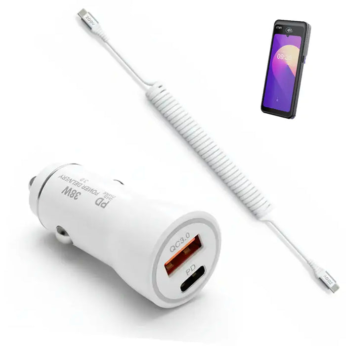 White 38W iMin mobile POS terminal car charger with Quick Charge 3.0 USB-A port, USB-C PD port, and white coiled charging cable.