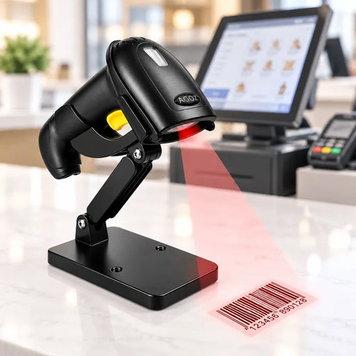 AGOZ D280 wireless 2D barcode scanner mounted on adjustable stand with realistic scan light for restaurant, retail POS inventory and warehouse scanning