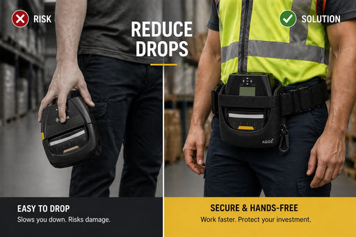 Zebra mobile printer holster with adjustable waist belt and secure buckle