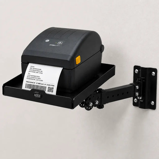 AgozTech Zebra ZD411 printer wall mount shelf with black stainless steel tray and industrial swing arm