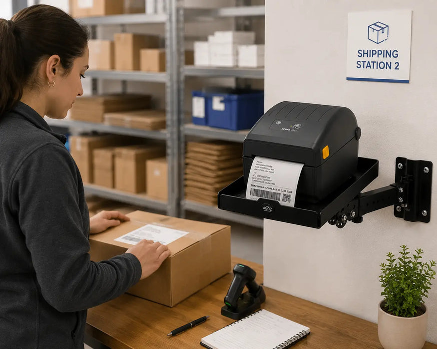 Warehouse shipping station using AgozTech Zebra printer wall mount shelf with swing arm