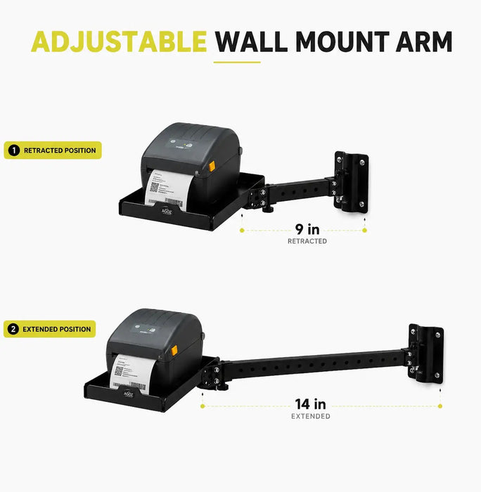 AgozTech adjustable wall mount arm for Zebra printer shelf shown retracted and extended