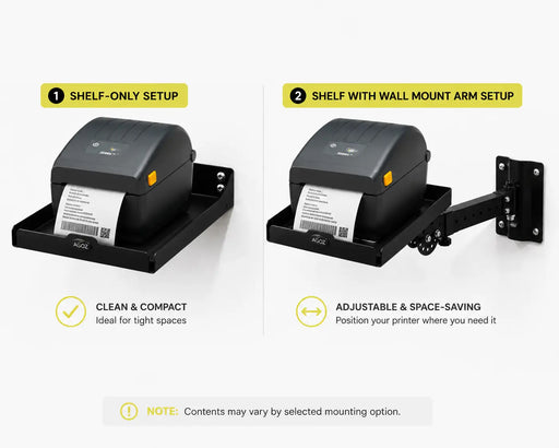AgozTech Zebra printer wall mount shelf shown in shelf-only and swing arm setup options