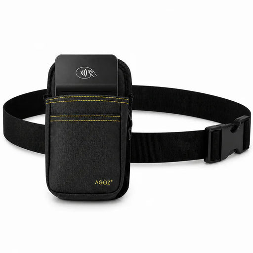 Black Adyen POS handheld waist bag with a strap on a white background