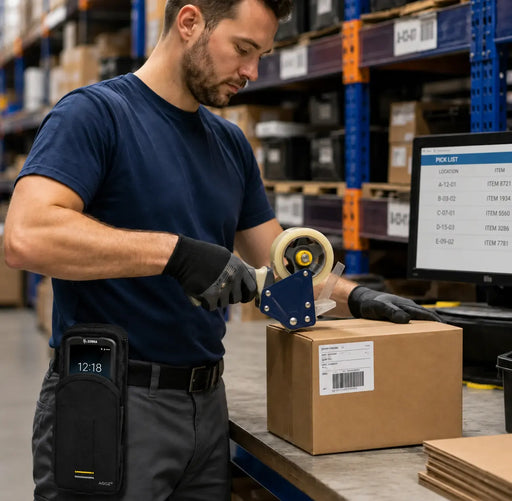 Warehouse worker sealing a cardboard box with a tape gun while wearing a black AGOZ belt case holding a Zebra mobile computer at a packing station.