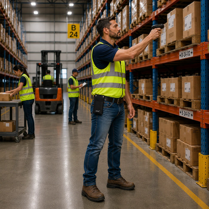 Warehouse employee scanning inventory while wearing an empty AGOZ barcode scanner holster on a belt in a warehouse aisle.