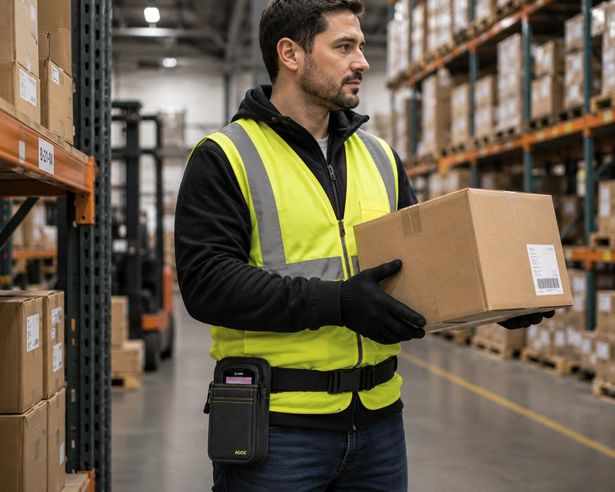 Warehouse employee carrying a cardboard box while wearing a black AGOZ scanner case with a Zebra handheld device on a visible waist belt over a yellow safety vest.