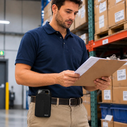 Warehouse worker reviewing inventory paperwork while wearing a black AGOZ belt case holding a Bluebird handheld scanner in a storage aisle.