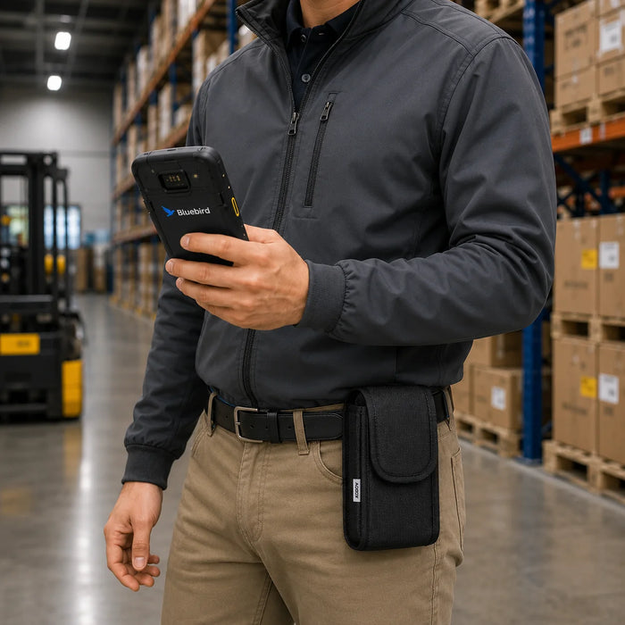 Warehouse worker holding a Bluebird handheld scanner while wearing a compact black AGOZ belt case in a storage aisle.