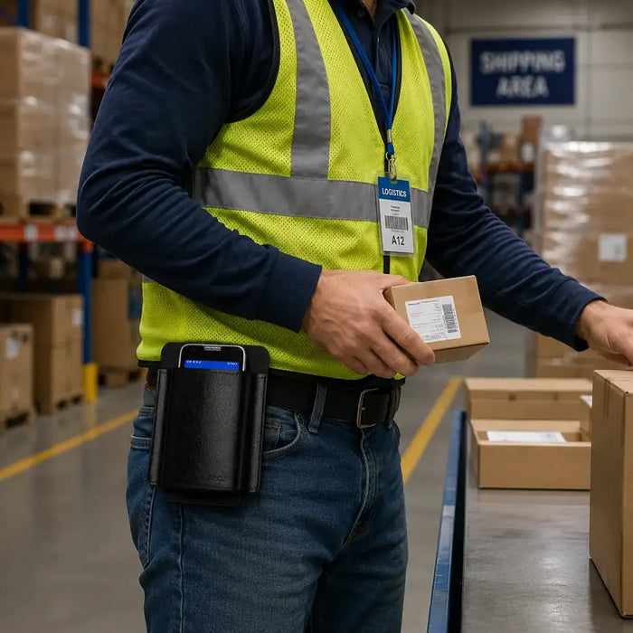 Warehouse logistics worker wearing a black AGOZ belt holster with a Datalogic mobile computer while handling packages in a shipping area.