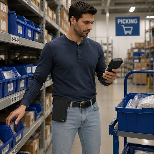 Warehouse worker holding a Datalogic handheld scanner in a picking area while wearing a smaller, empty black AGOZ case on his belt.