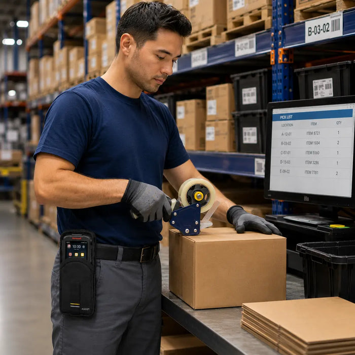 Man with Honeywell CK67 packaging a box in a warehouse with a computer screen displaying a pick list.