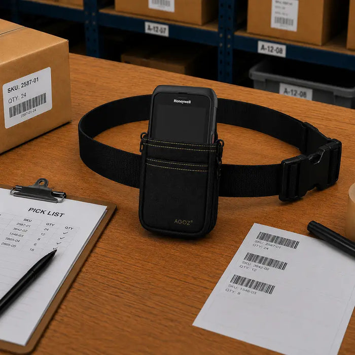 A black waist belt case for honeywell handheld scanner is on a shipping table