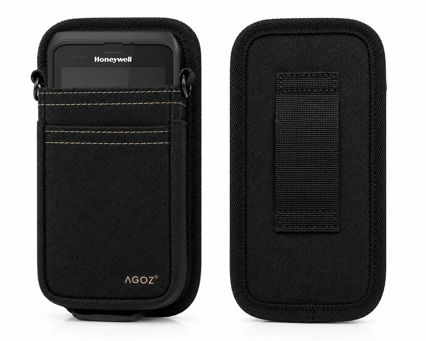 A honeywell handheld scanner in a black belt waist case on a white background