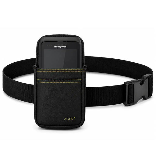 A Honeywell scanner handheld in a black waist case with a black belt strap on a white background