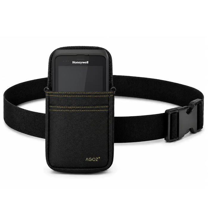 A Honeywell scanner handheld in a black waist case with a black belt strap on a white background