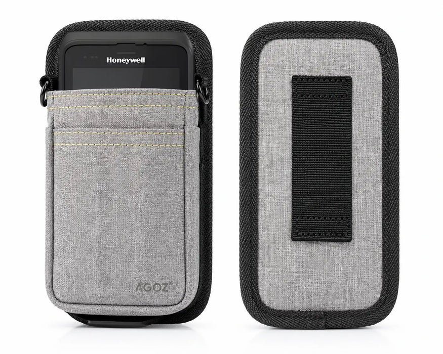 A honeywell handheld scanner in a gray belt waist case on a white background