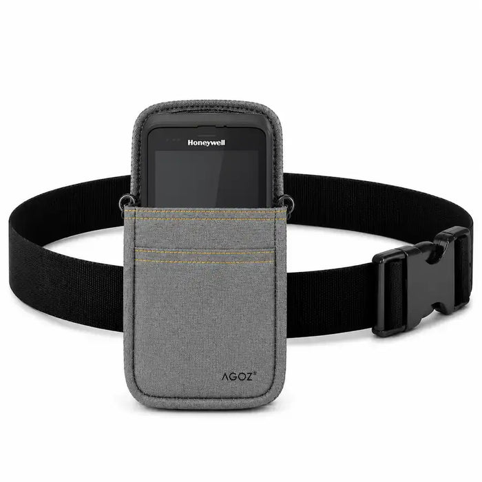 A Honeywell scanner handheld in a gray waist case with a black belt strap on a white background