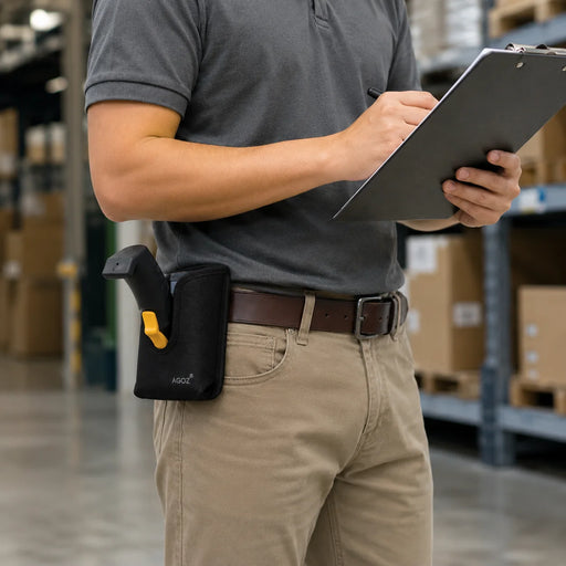 Man in a warehouse carrying an Unitech handle with a trigger handle on his belt