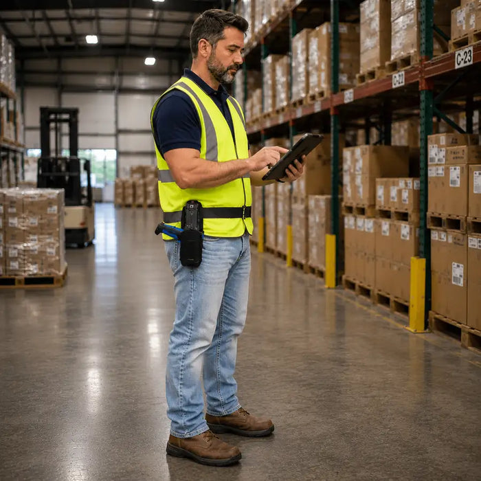 Warehouse worker wearing a high-visibility vest, and an AGOZ scanner holster for Datalogic rugged scanner while using a tablet in a distribution center.