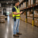 Warehouse worker wearing a high-visibility vest, and an AGOZ scanner holster for Datalogic rugged scanner while using a tablet in a distribution center.