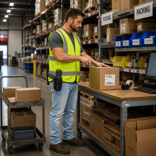 Warehouse worker wearing a high-visibility safety vest and AGOZ belt holster for Datalogic while using a box opener at a picking and packing station.