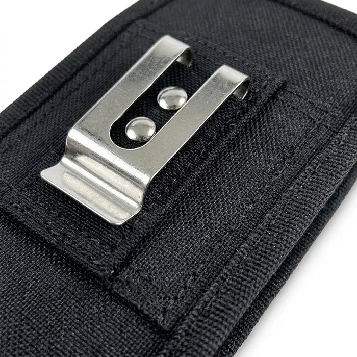 AgozTech holster case back showing metal belt clip and belt loop close-up. 