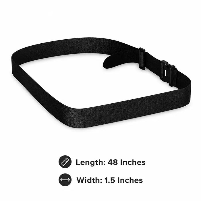 Adjustable black waist belt measuring 48 inches long and 1.5 inches wide