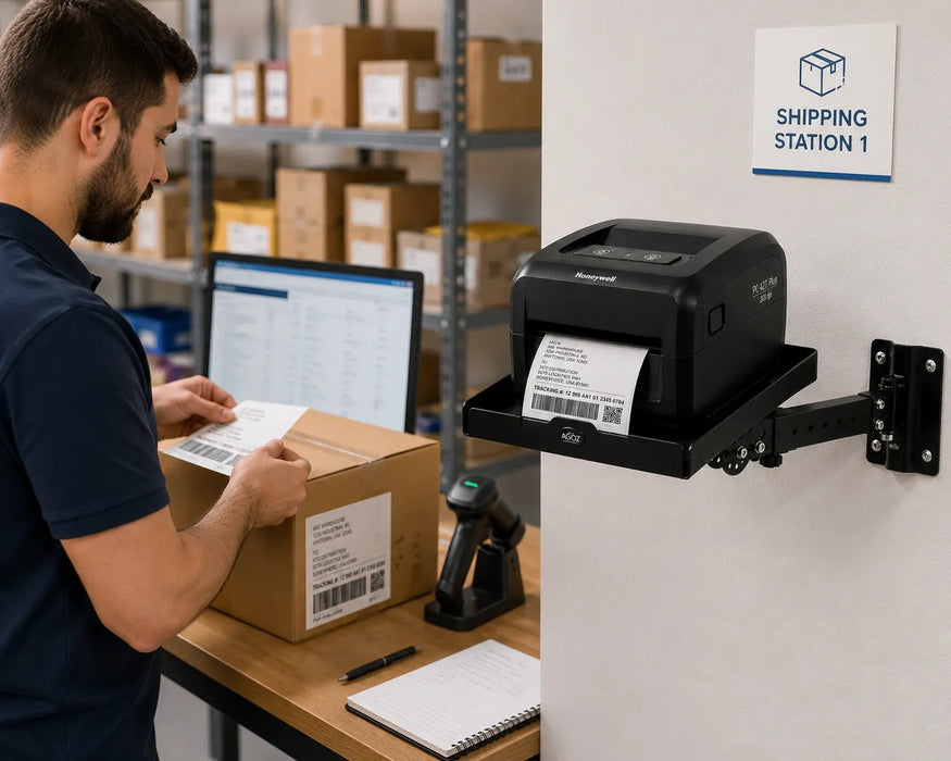 Warehouse shipping station using AgozTech Honeywell printer wall mount shelf with swing arm