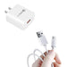 Close-up of white Quick Charge 3.0 wall adapter with USB-A charging port and USB-C cable connectors for iMin POS devices.