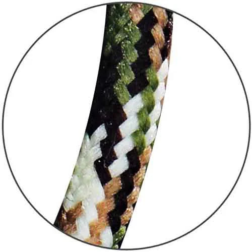 Close-up of Agoz USB-C charging cable showing durable camouflage-pattern nylon braided exterior in green, black, white, and tan.