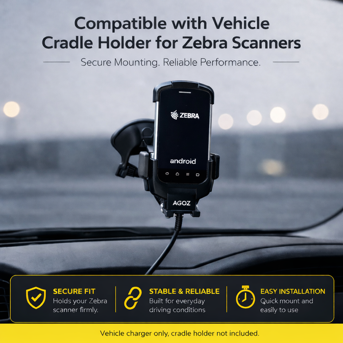 Annotated image showing Zebra TC77 in vehicle cradle charger with text about secure fit, stable mounting, and cradle holder compatibility