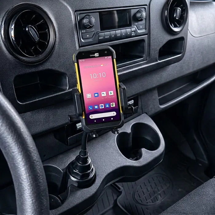 Cipherlab mobile scanner secured in an AgozTech cup holder cradle mount inside a vehicle console.