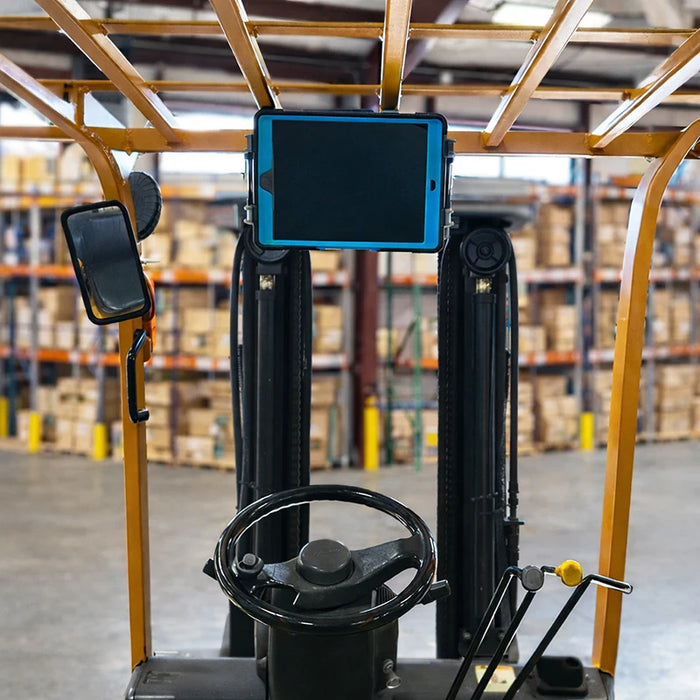 Front view of AGOZ iPad Tablet Mount Holder for Forklifts positioning a tablet above the steering wheel inside a forklift.