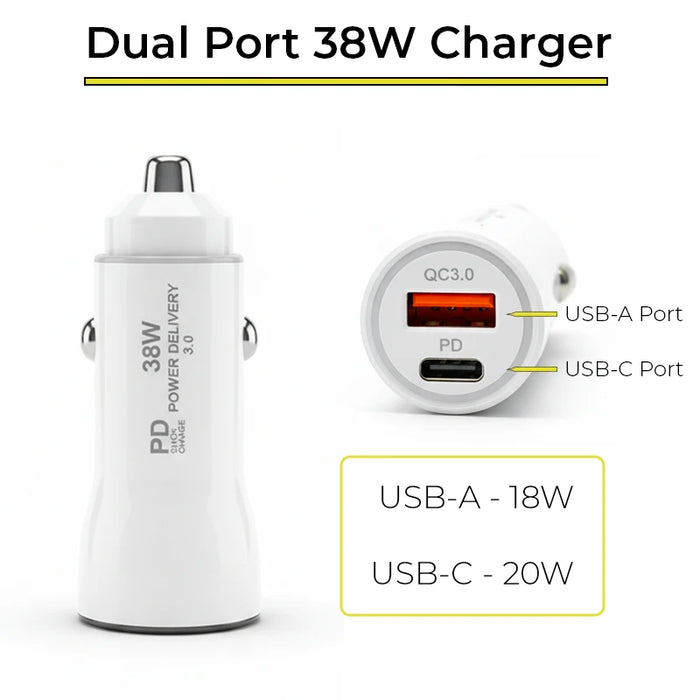 38W Fast Car Charger and USB-C Coiled Cable for Zebra Scanners