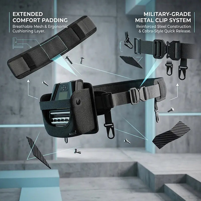 AgozTech mobile printer waist belt carrying case for Zebra ZQ521 floating in a warehouse setting with yellow accent lines, metal hardware, and industrial background shelves.