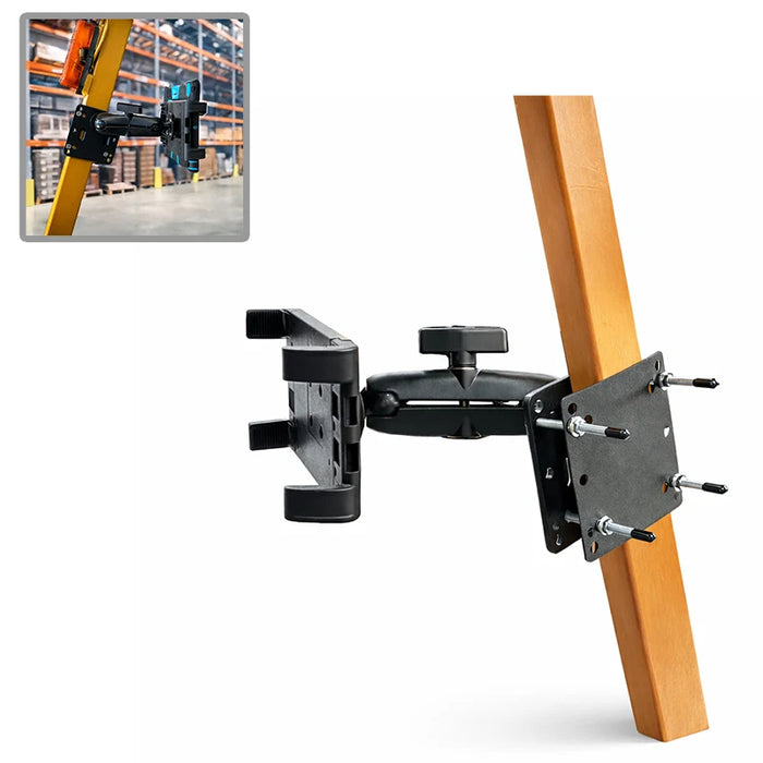 AGOZ iPad Tablet Mount Holder for Forklifts with adjustable cradle, arm clamp, and mounting bracket plates shown on a forklift frame.