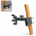 AGOZ iPad Tablet Mount Holder for Forklifts with adjustable cradle, arm clamp, and mounting bracket plates shown on a forklift frame.