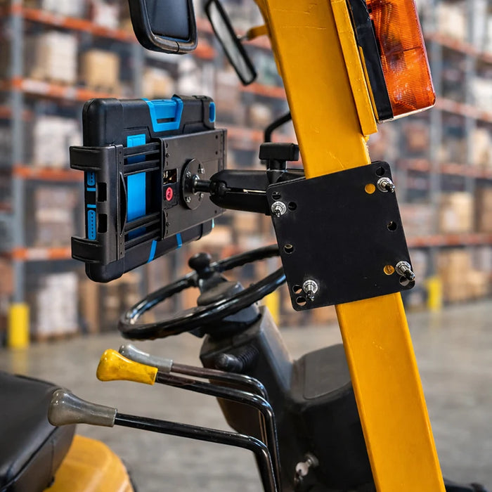 Side view of AGOZ iPad Tablet Mount Holder for Forklifts securing a rugged tablet inside a forklift cab.