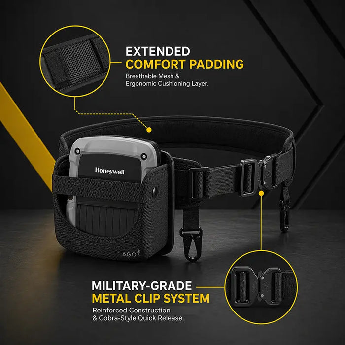 Honeywell RP4f printer waist belt carrying case with extended comfort padding and military-grade metal clip system feature callouts.