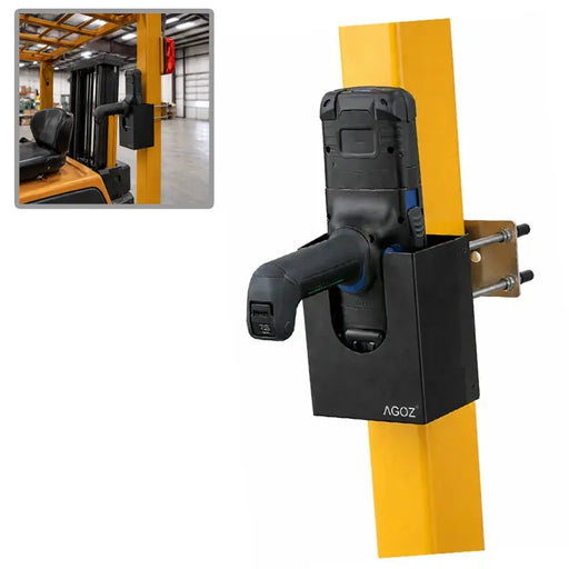 Honeywell CK65 scanner with trigger handle mounted in AgozTech metal forklift holder on pillar